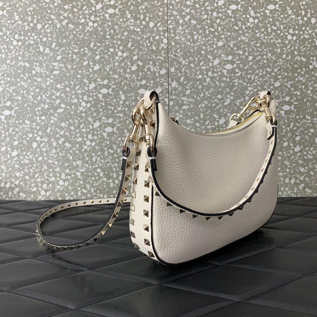 Valentino Garavani Rockstud Small Hobo Bag in Ivory Grainy Calfskin